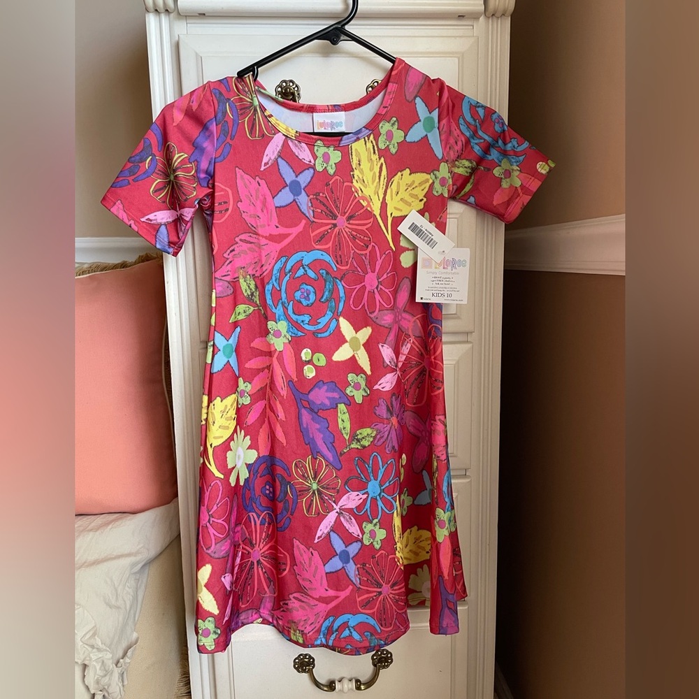 LuLaRoe Girls Bright Pink Floral Swing Dress